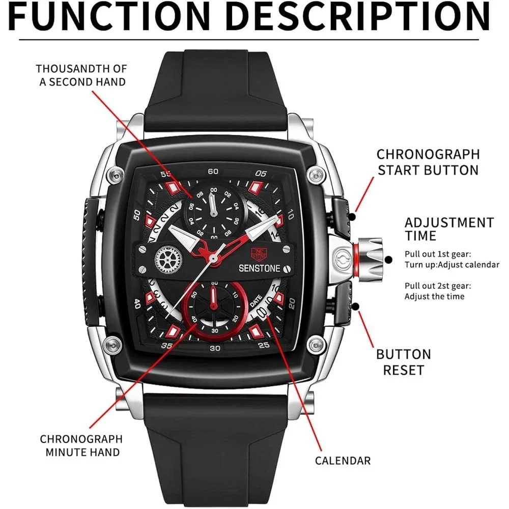 Senstone Mens Watch Black Square Chronograph Sports Silicone Strap X0045GCRD9